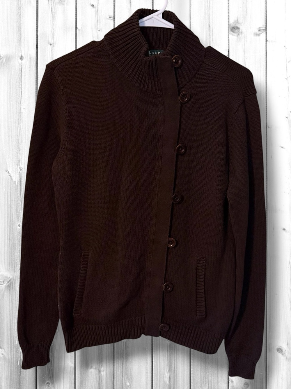 🌼LRL RALPH LAUREN CHOCOLATE BROWN BUTTON UP SWEATER-RIBBED TRIM